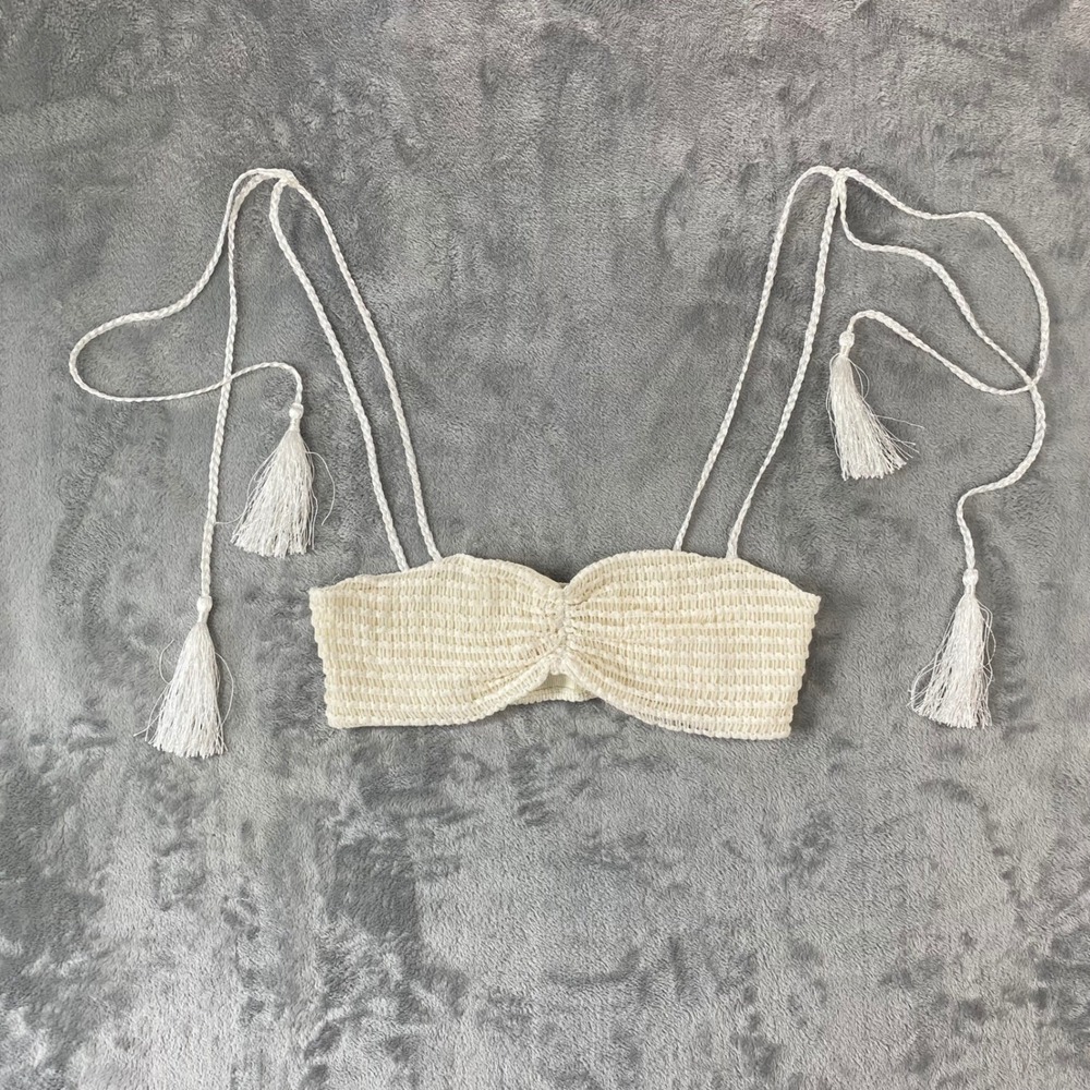 Womens Crochet Bralette Top OS Cream Tassel Boho Knit Summer Beach Cute Boho Hip